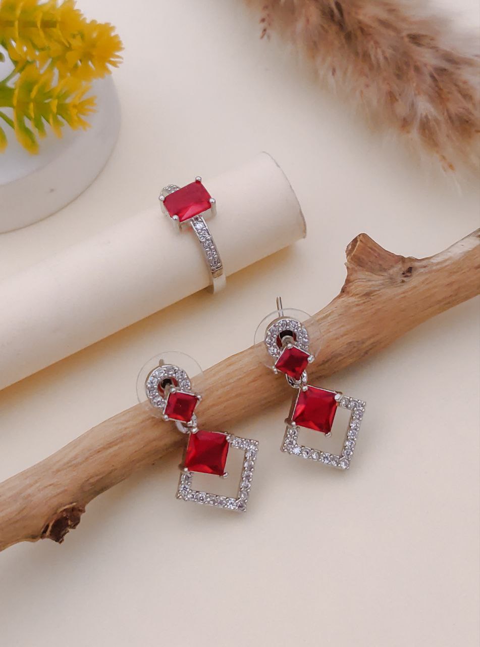 Red Squares Earring With Ring